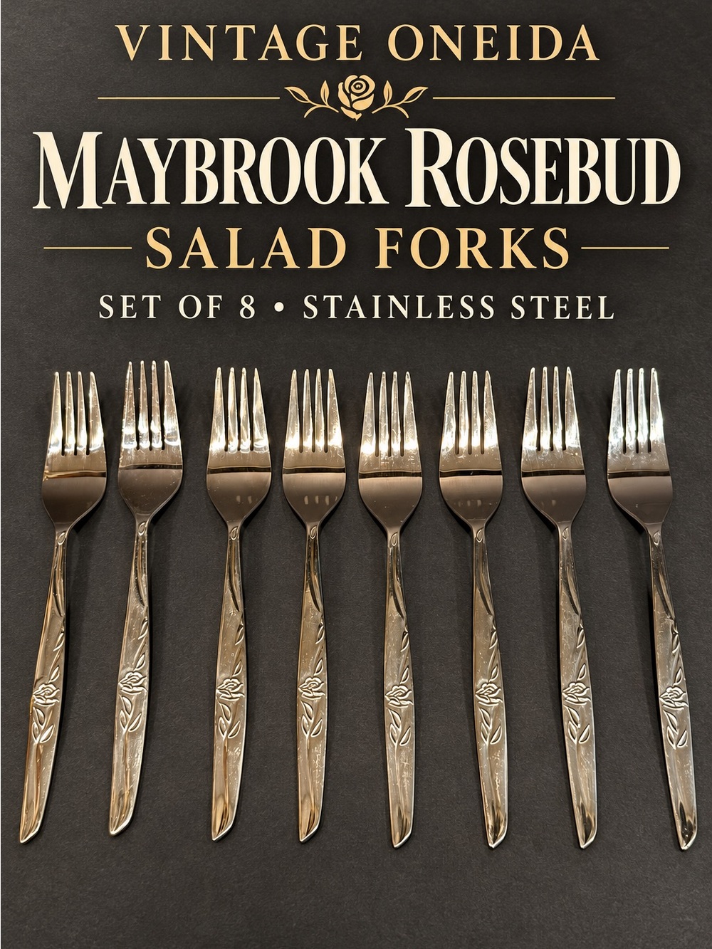 Oneida Maybrook Rosebud Stainless Steel Salad Forks - Silver (Set of 8)